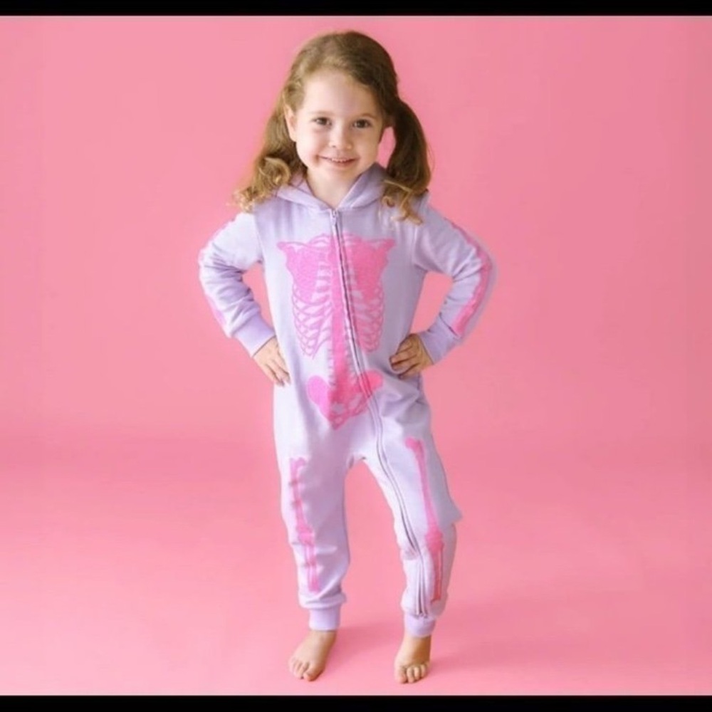 Glow in the Dark Posh Peanut Pink Skeleton Fleece Hooded Romper, 12-18M, NWT